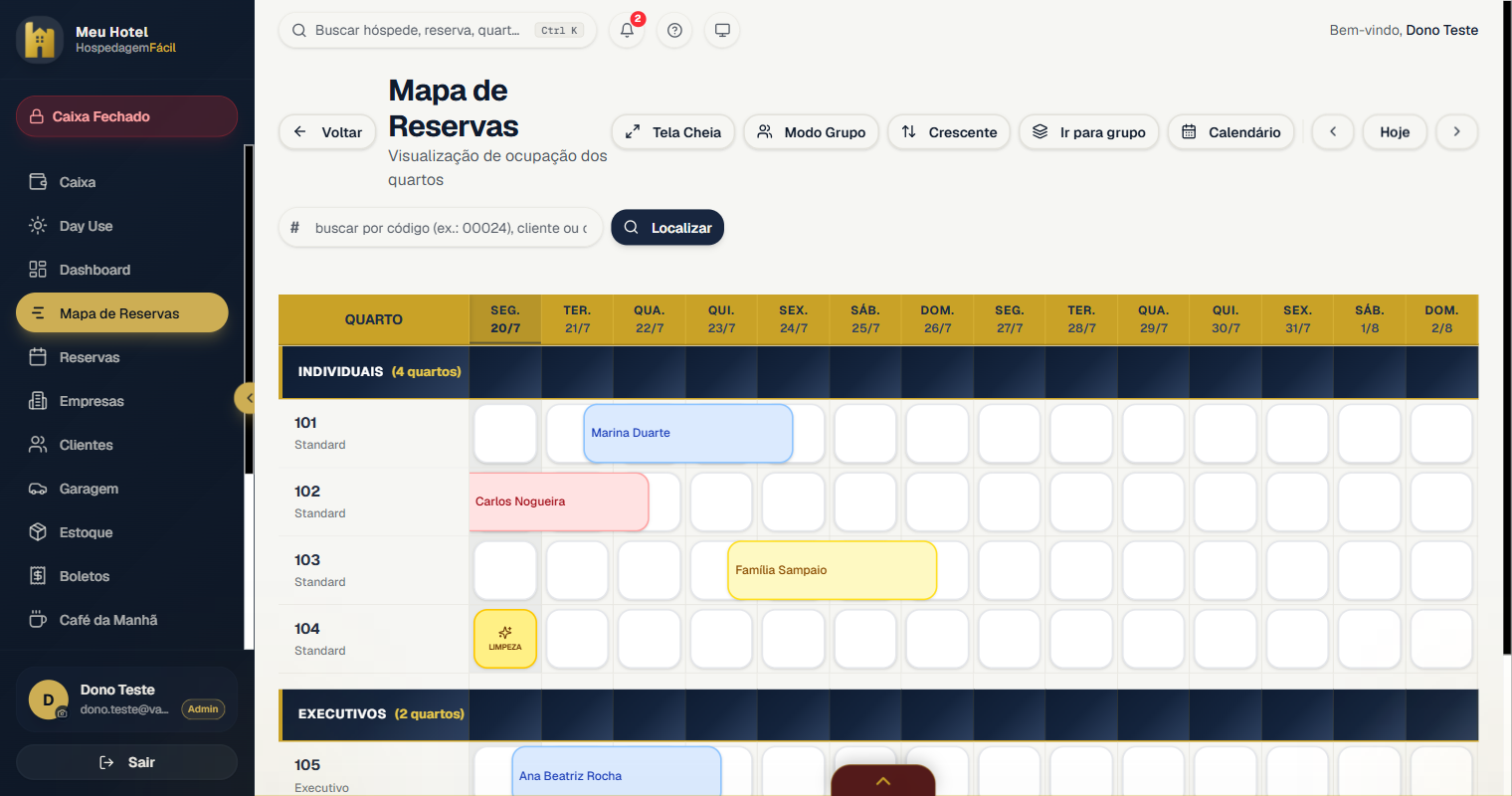 Mapa de reservas real do sistema: grade de quartos por dia com reservas em blocos arrastáveis
